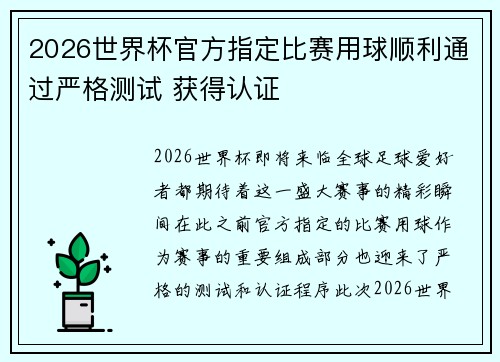 2026世界杯官方指定比赛用球顺利通过严格测试 获得认证 2026世界杯官方指定比赛用球顺利通过严格测试 获得认证