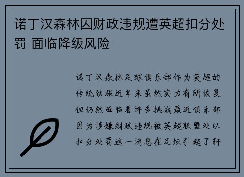 诺丁汉森林因财政违规遭英超扣分处罚 面临降级风险
